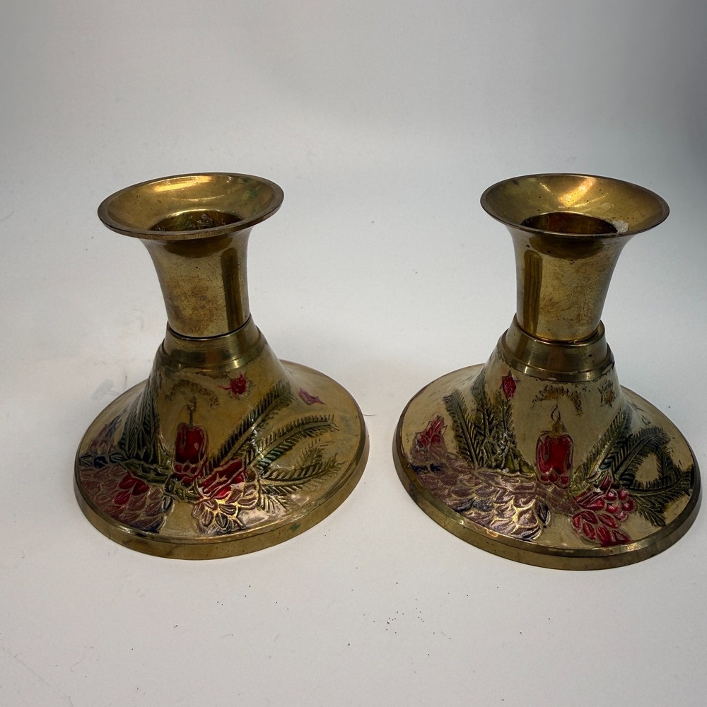 Vintage Brass Holiday Candlesticks India Holly Bells Candle Festive Set 2